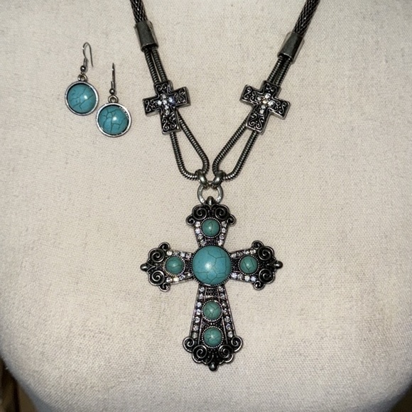 Silver Turquoise Rhinestone Cross Pendant Wire Mesh Necklace Dangle Earring Set - Picture 10 of 13